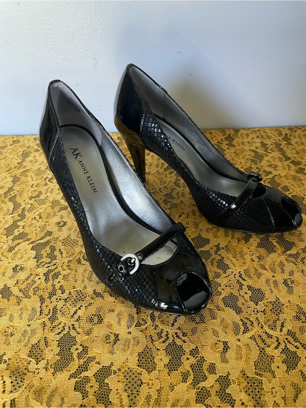 Anne Klein Black Patent Peep-Toe Heels, Size 6